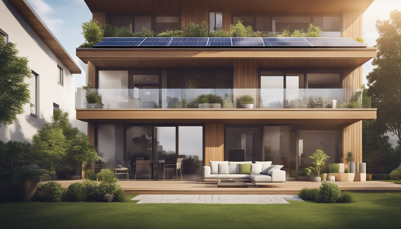 A home with various energy-efficient features such as solar panels, smart thermostats, and energy-efficient appliances. The scene depicts a modern and sustainable living environment
