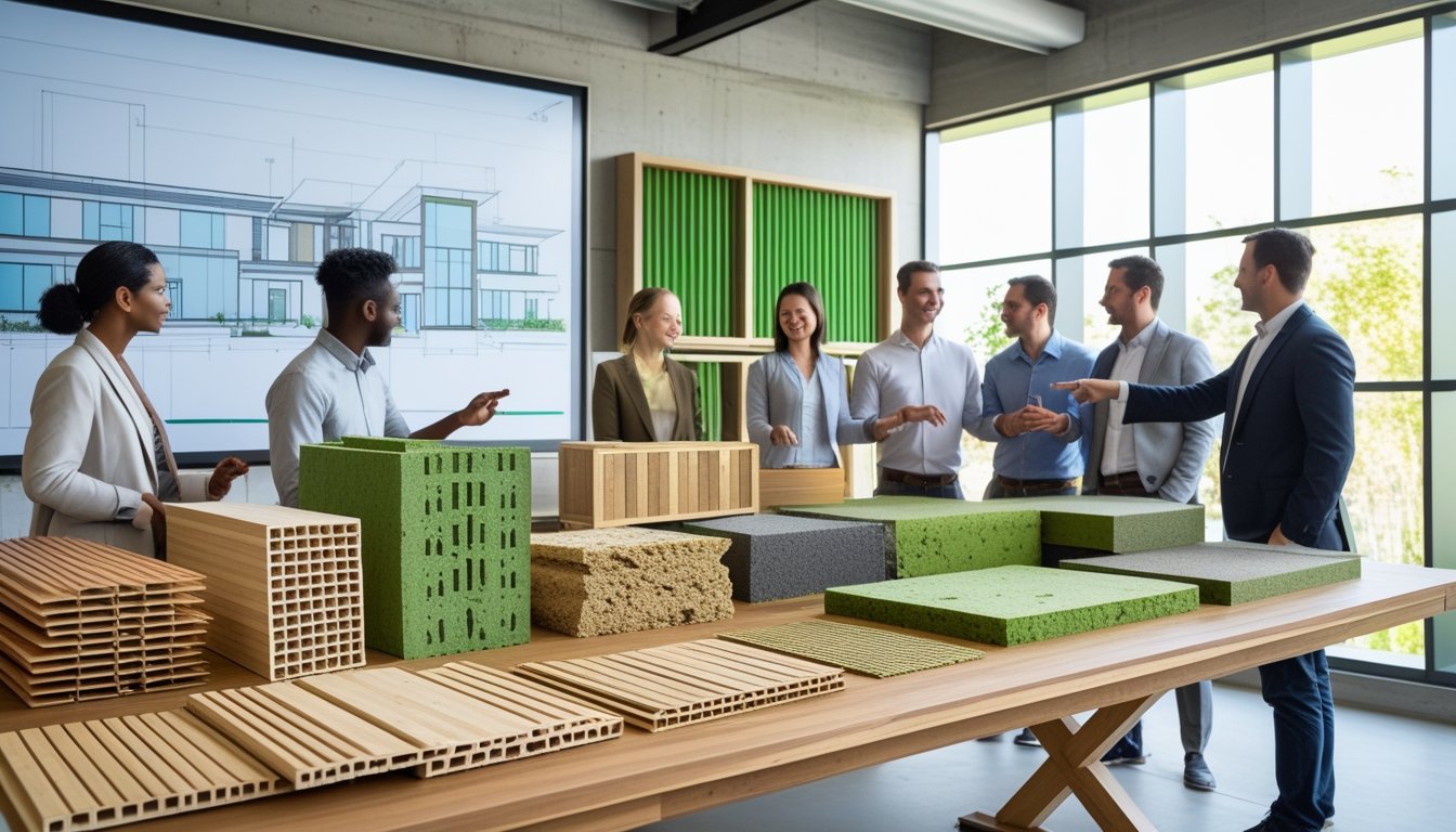 A group of architects and engineers discussing sustainable building materials like bamboo and recycled wood in a bright workspace with building samples and blueprints on a table.