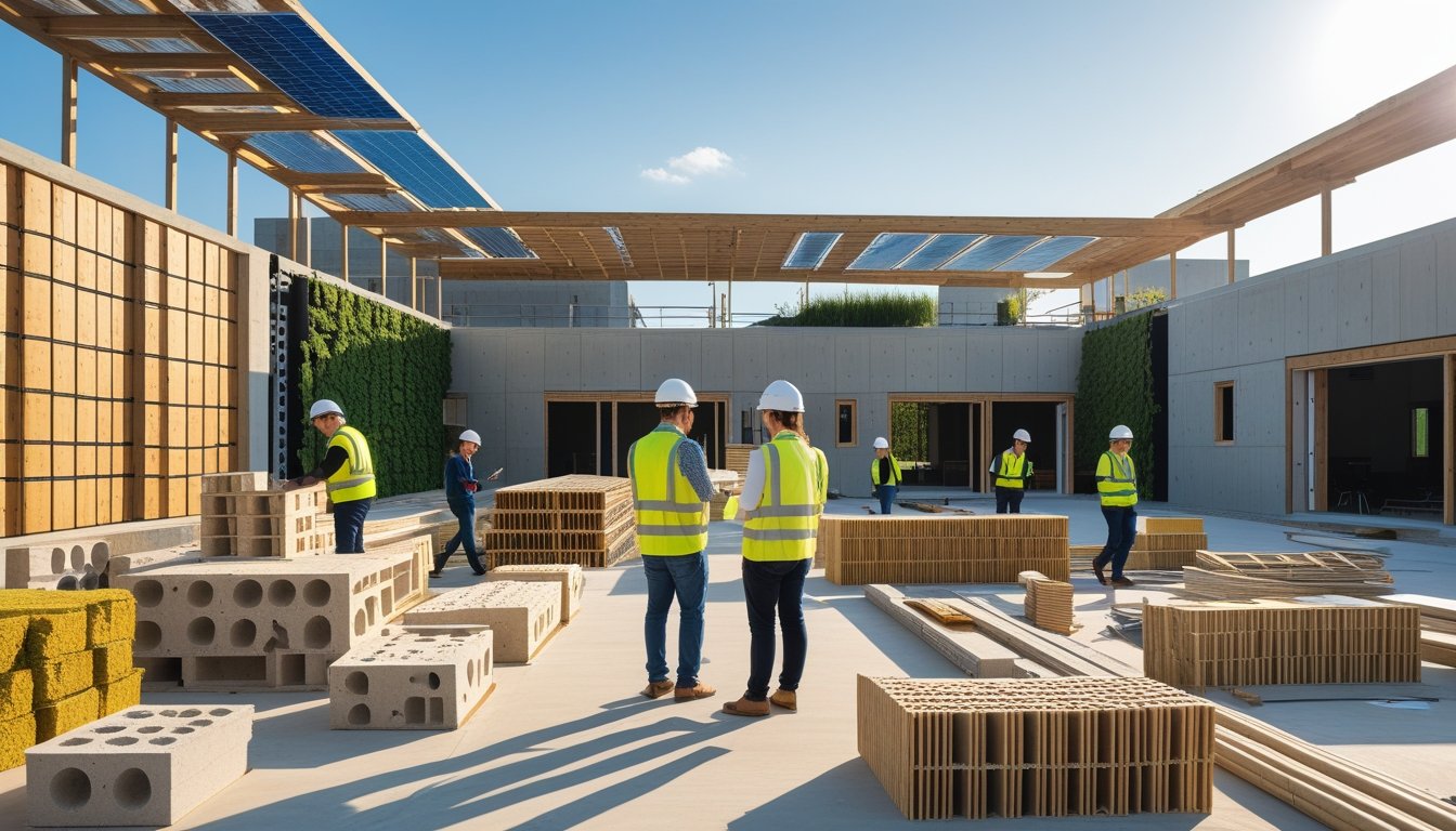 Construction site with workers examining eco-friendly building materials and a partially built sustainable building with green walls and solar panels.