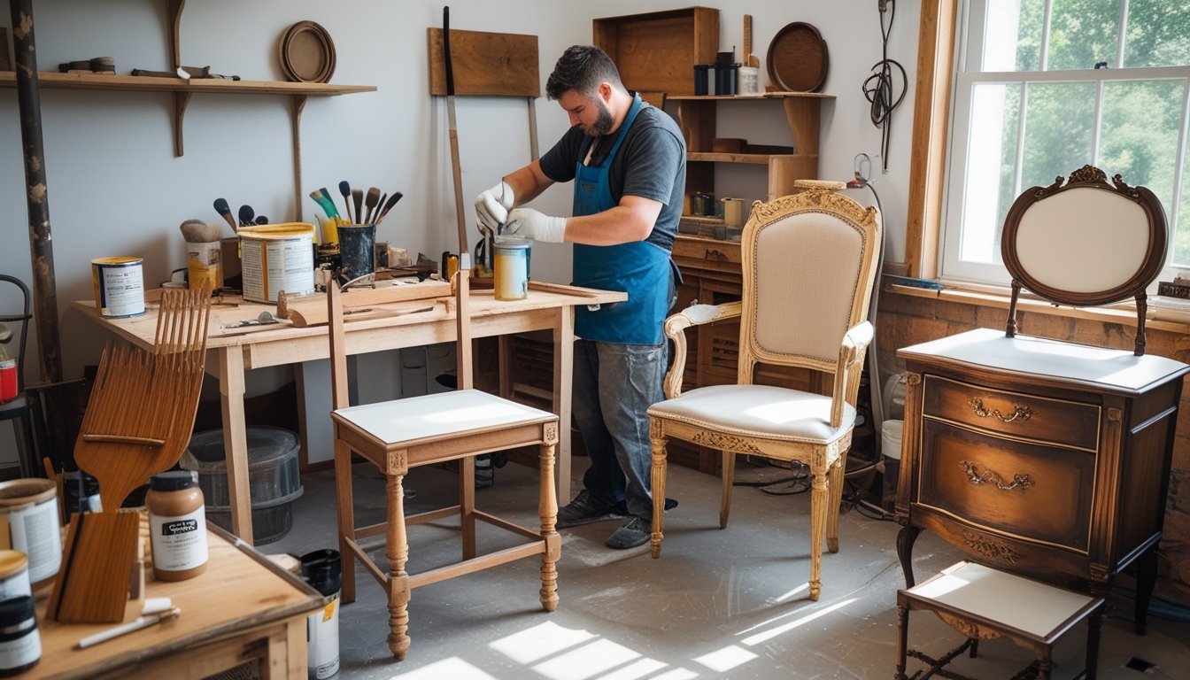 A person restoring an antique wooden chair in a bright workshop surrounded by tools and vintage furniture pieces.