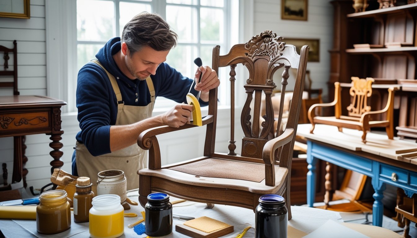 A person restoring an antique wooden chair in a bright workshop surrounded by restoration tools and materials.