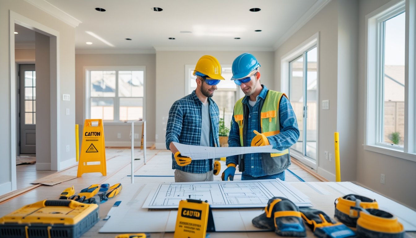 Homeowner and contractor wearing protective gear discussing renovation plans in a safe, organised living room under renovation.