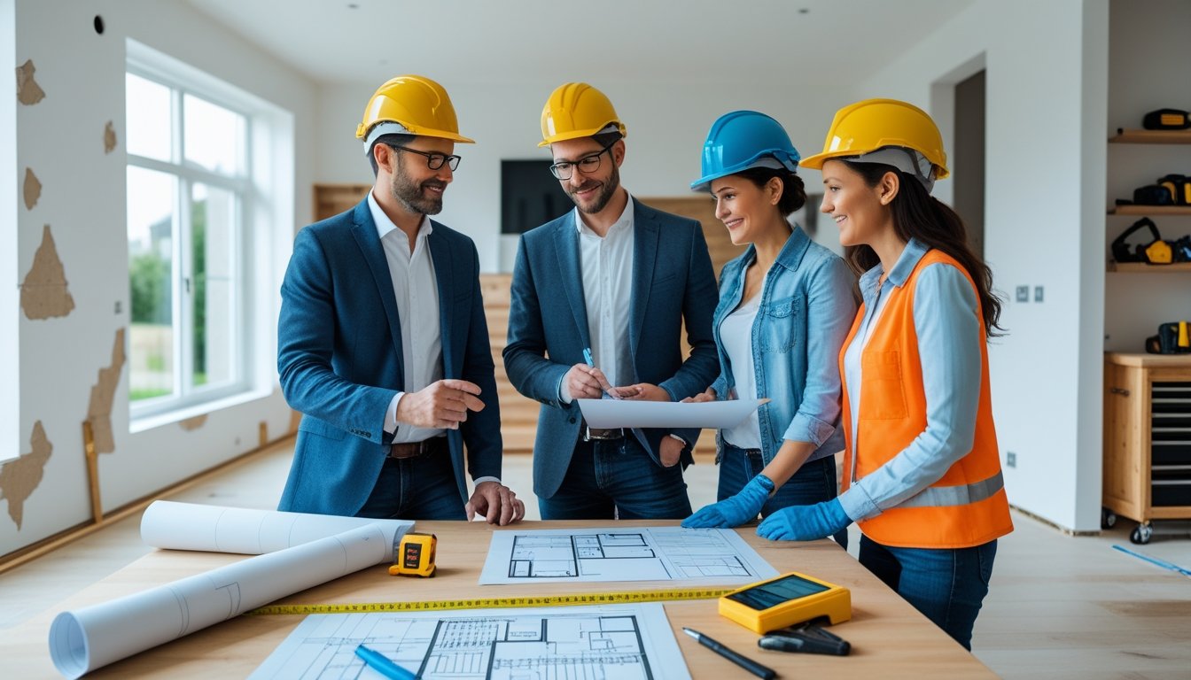 Three adults wearing safety gear discussing renovation plans around a table in a bright living room with renovation tools and materials visible.