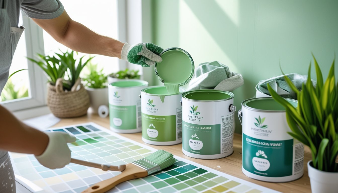 Person applying light green eco-friendly paint to a wall in a bright home renovation setting with paint cans and plants nearby.