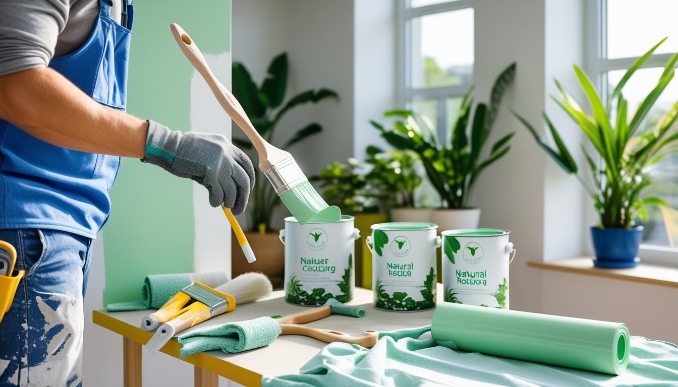 A person painting a wall green in a bright room with eco-friendly paint supplies and plants visible in the background.