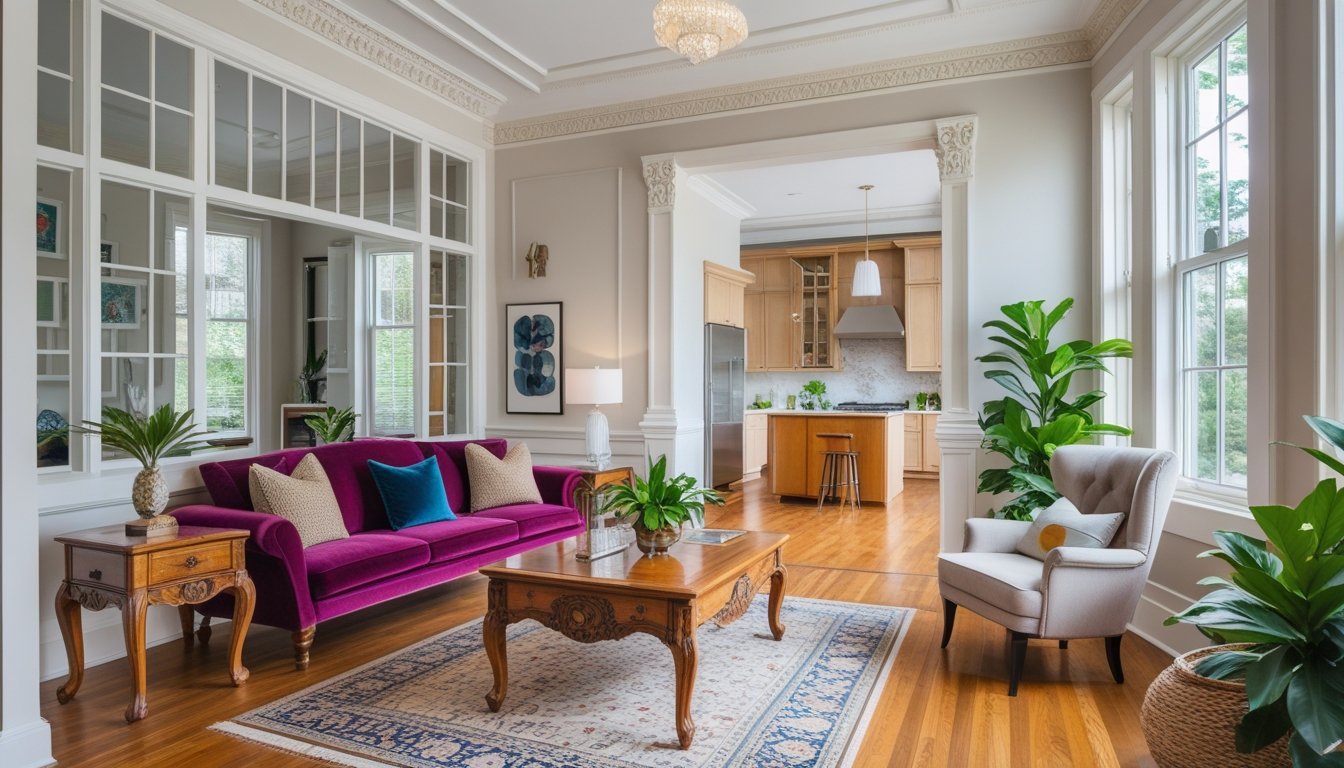 A bright Victorian living room with large windows, a velvet sofa, wooden coffee table, indoor plants, and a view of a modern kitchen and reading nook.