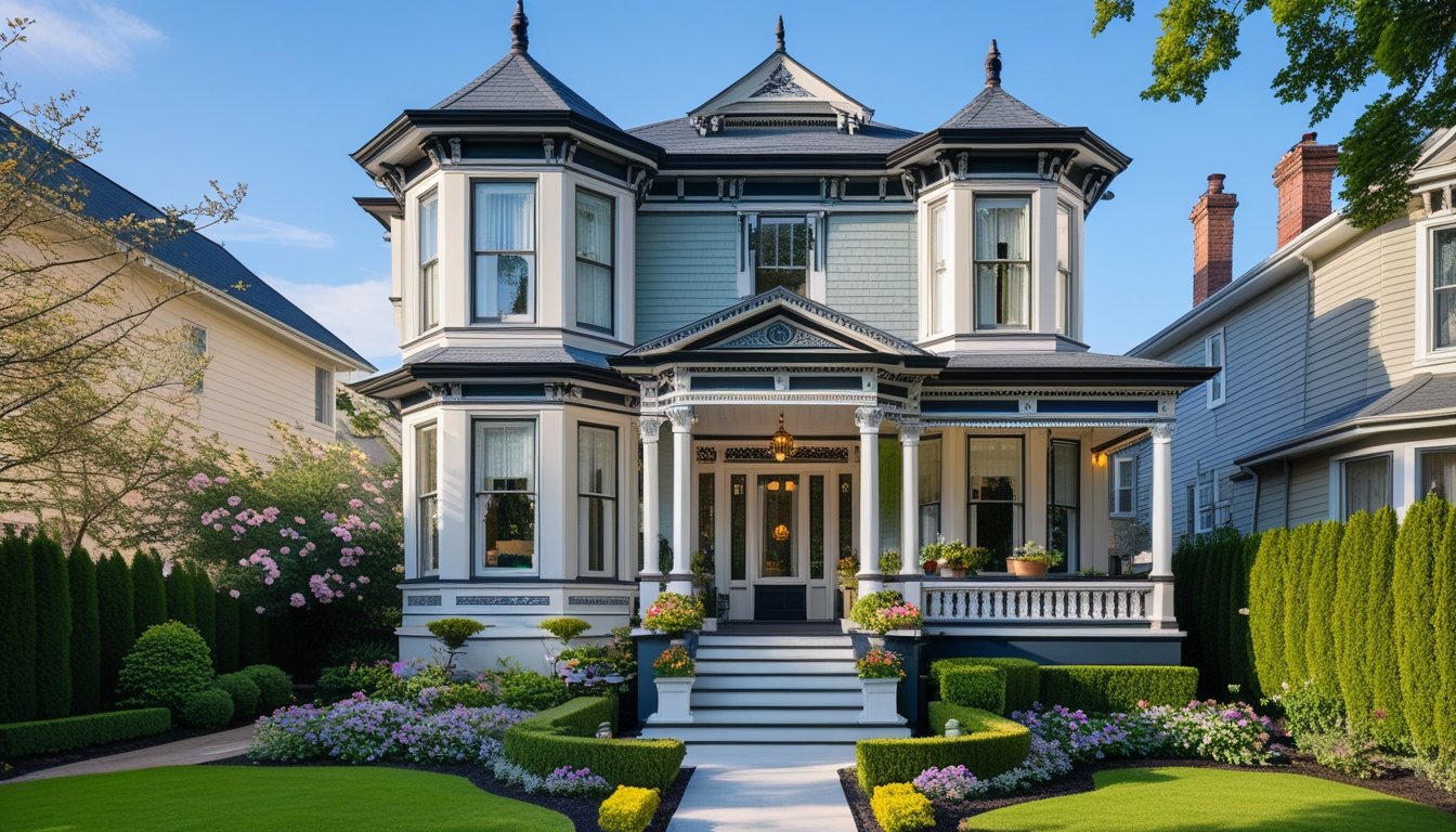 A renovated Victorian house with detailed architectural features, a colourful exterior, and a well-kept garden under a clear sky.