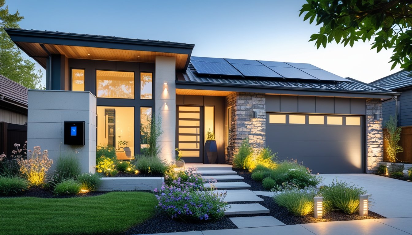 A modern house exterior with large windows, landscaped garden, and solar panels on the roof under a clear sky.