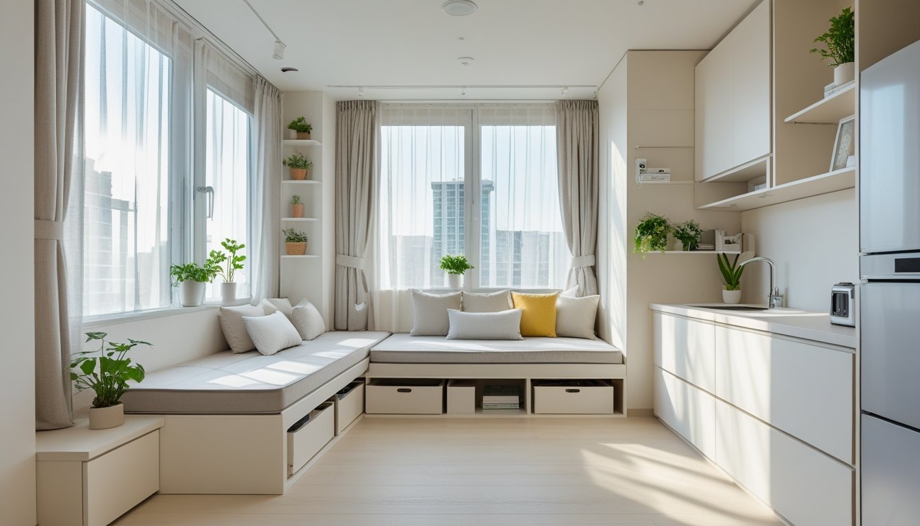 A small, bright apartment interior with multifunctional furniture, built-in storage, and natural light coming through large windows.