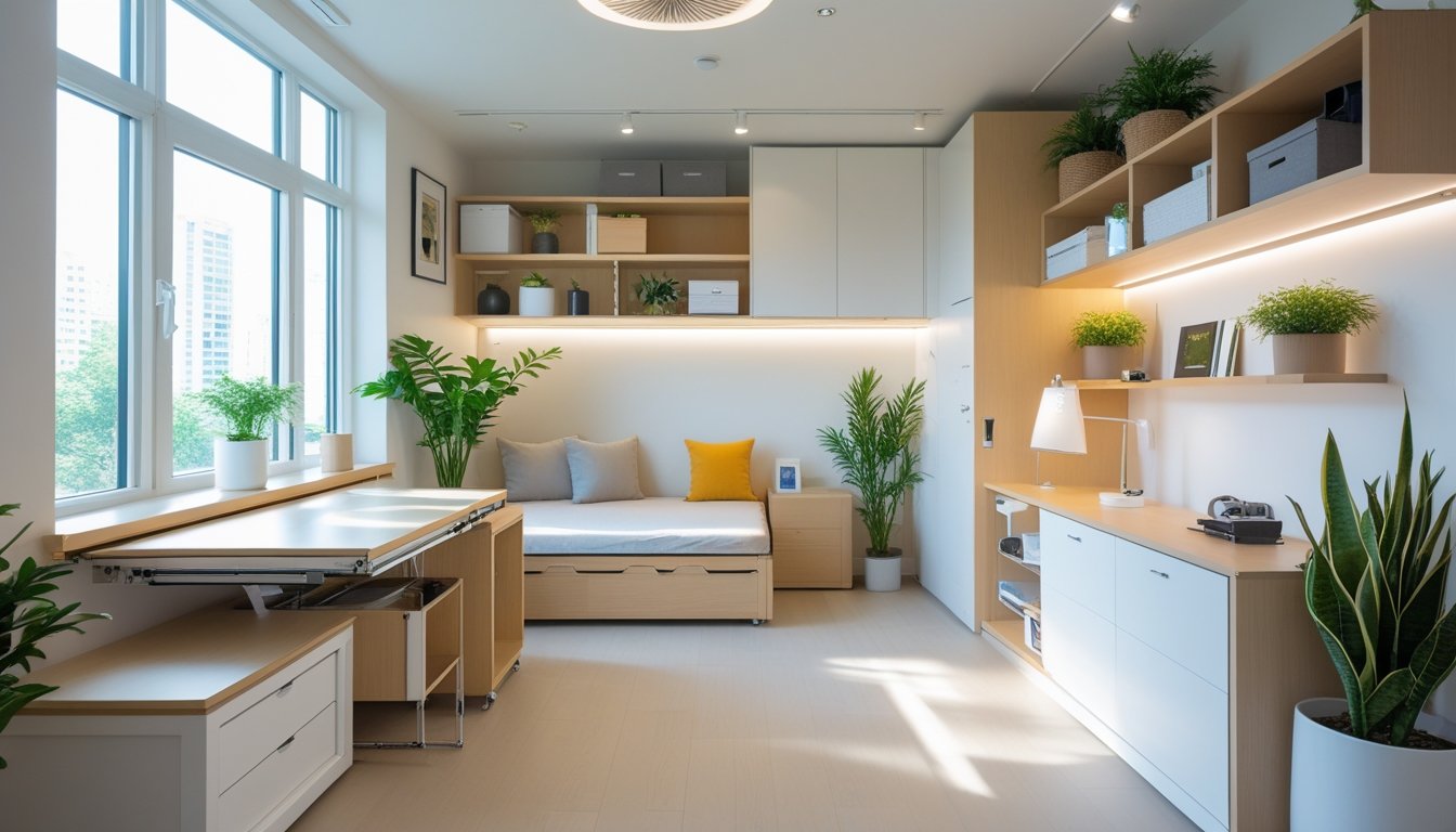A small, well-organised living room with multifunctional furniture and plenty of natural light.