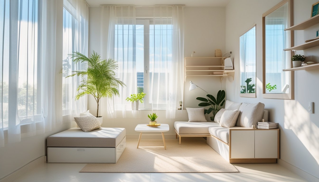 A small living room with large windows letting in natural light, multifunctional furniture, plants, and a cosy reading nook by the window.