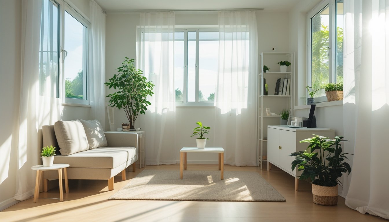 A small living room filled with natural sunlight through large windows, featuring light furniture and green plants.