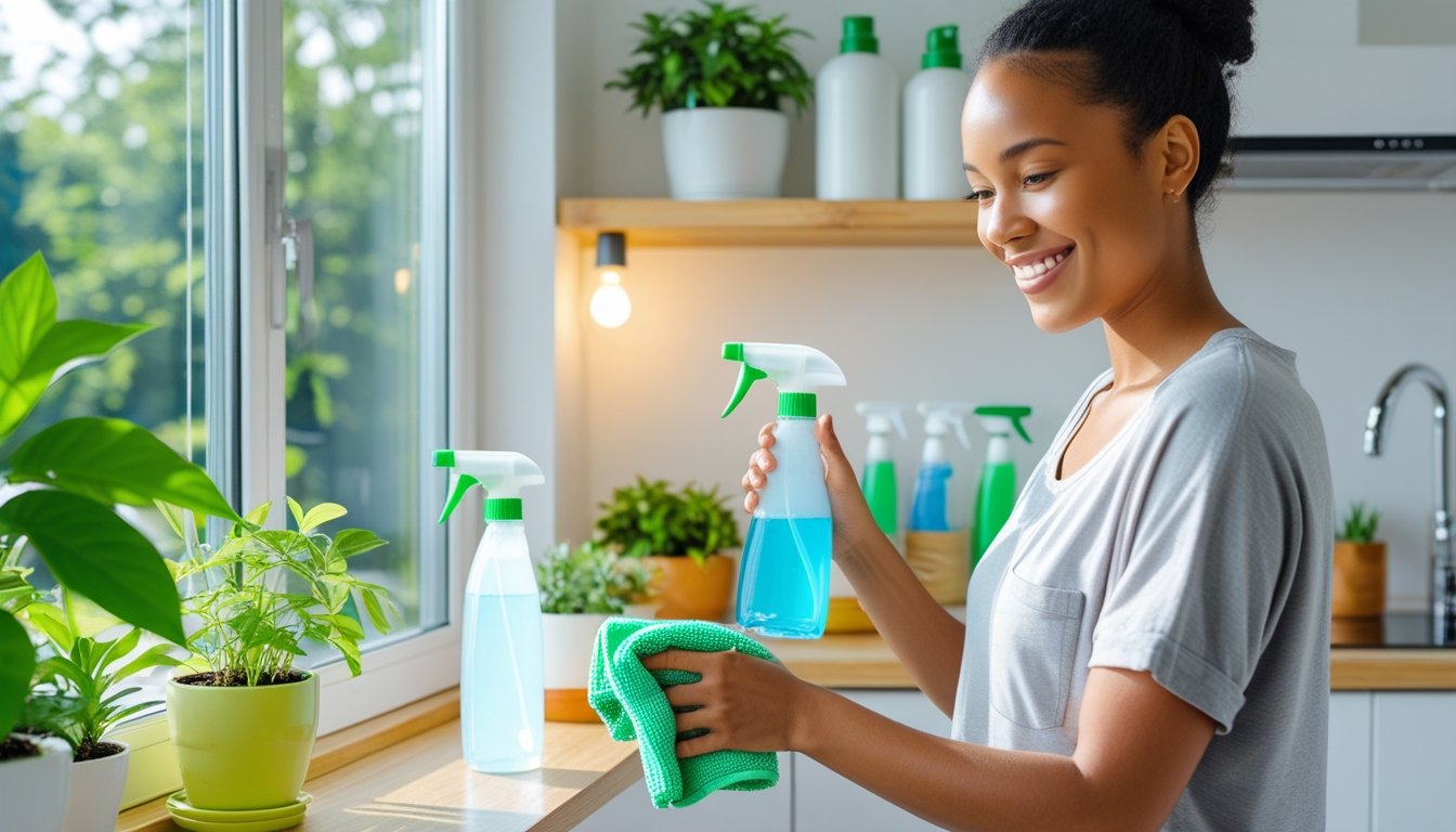 Person cleaning a bright home window with eco-friendly products surrounded by plants and sustainable household items.