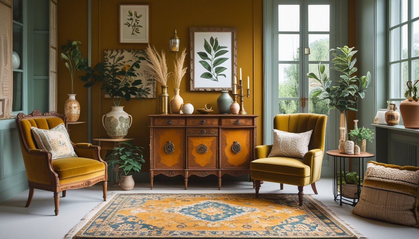 A cosy room with vintage furniture, colourful cushions, decorative vases, and framed pictures, lit by natural sunlight through large windows.