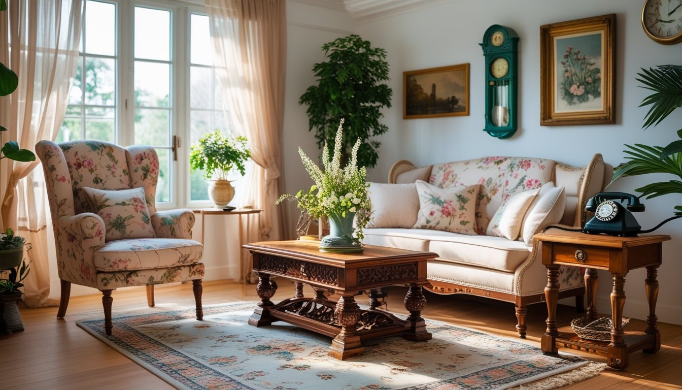 A bright living room with a floral armchair, wooden furniture, framed art on the walls, and plants near large windows.