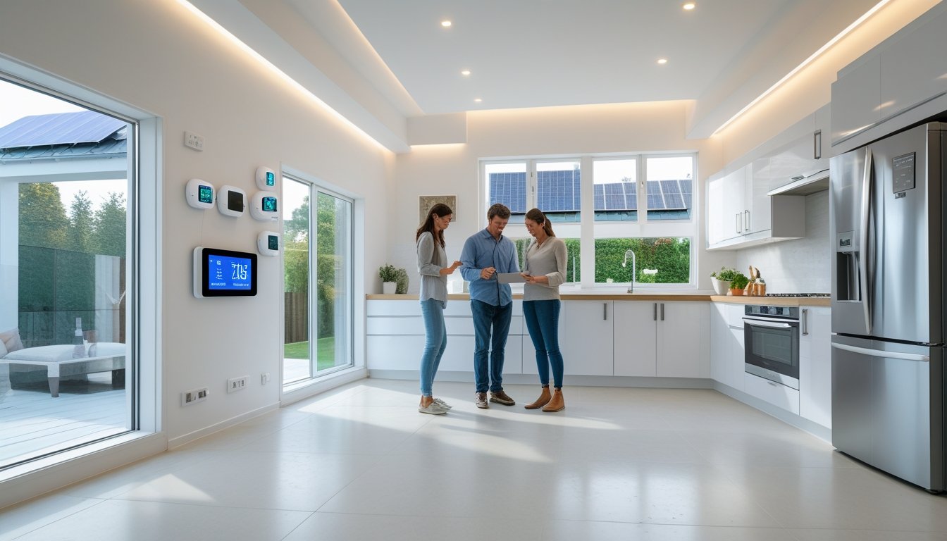 A family in a modern home with large windows, smart thermostats, and energy-efficient appliances, interacting with a tablet showing energy data.