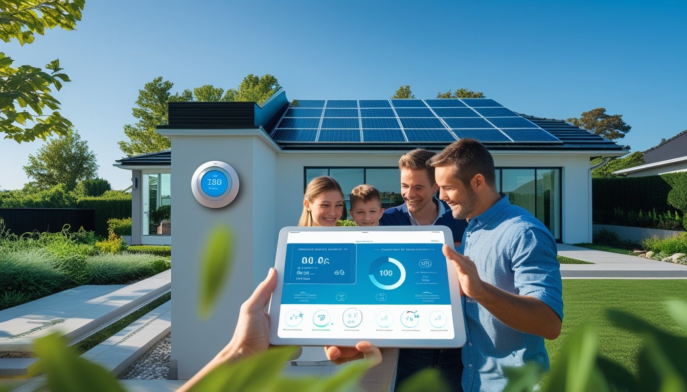 A modern home with solar panels, a smart thermostat, and a family using a tablet to monitor energy efficiency.