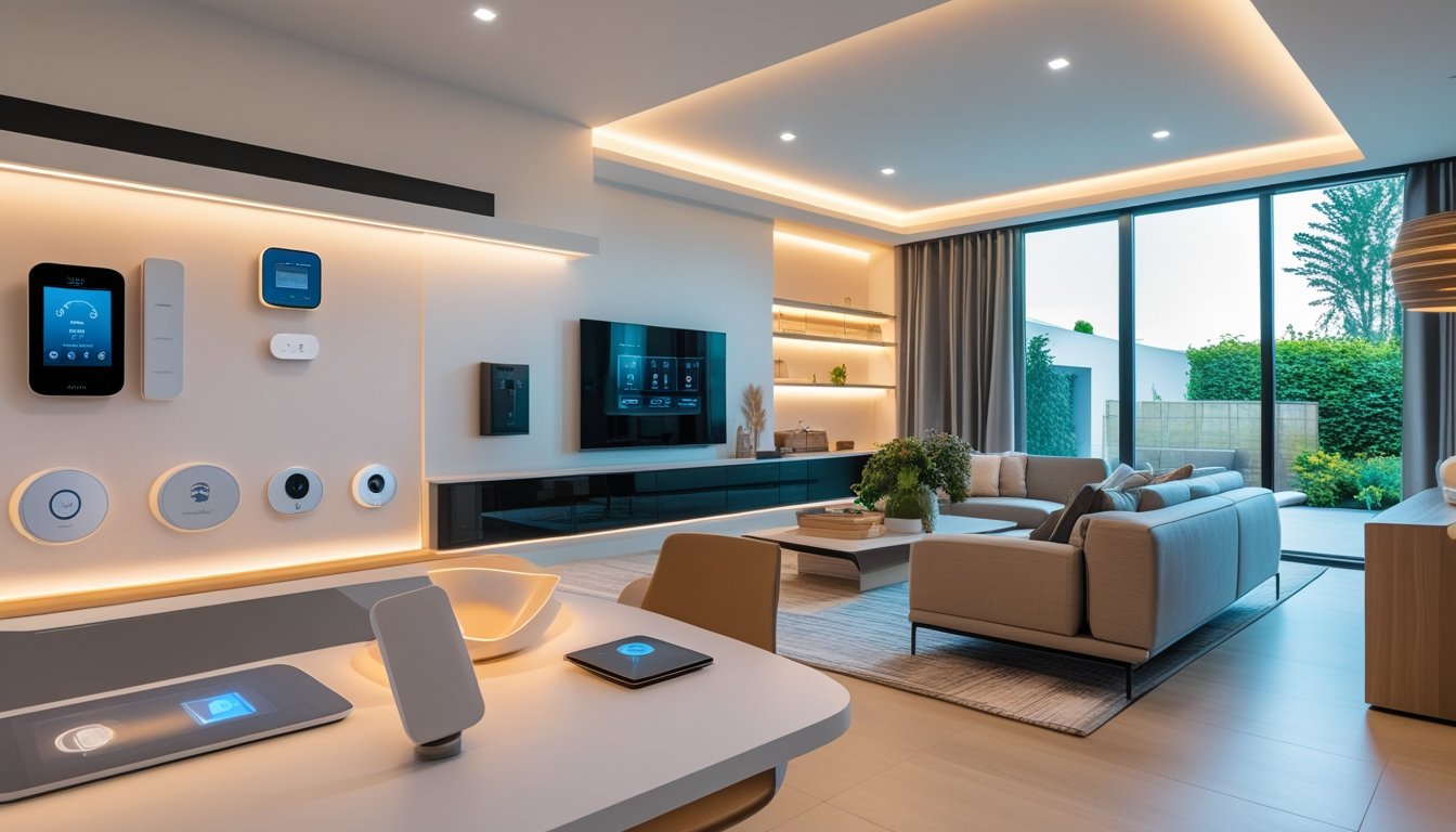 A modern living room with smart home devices and contemporary furniture, showing a bright and spacious interior.