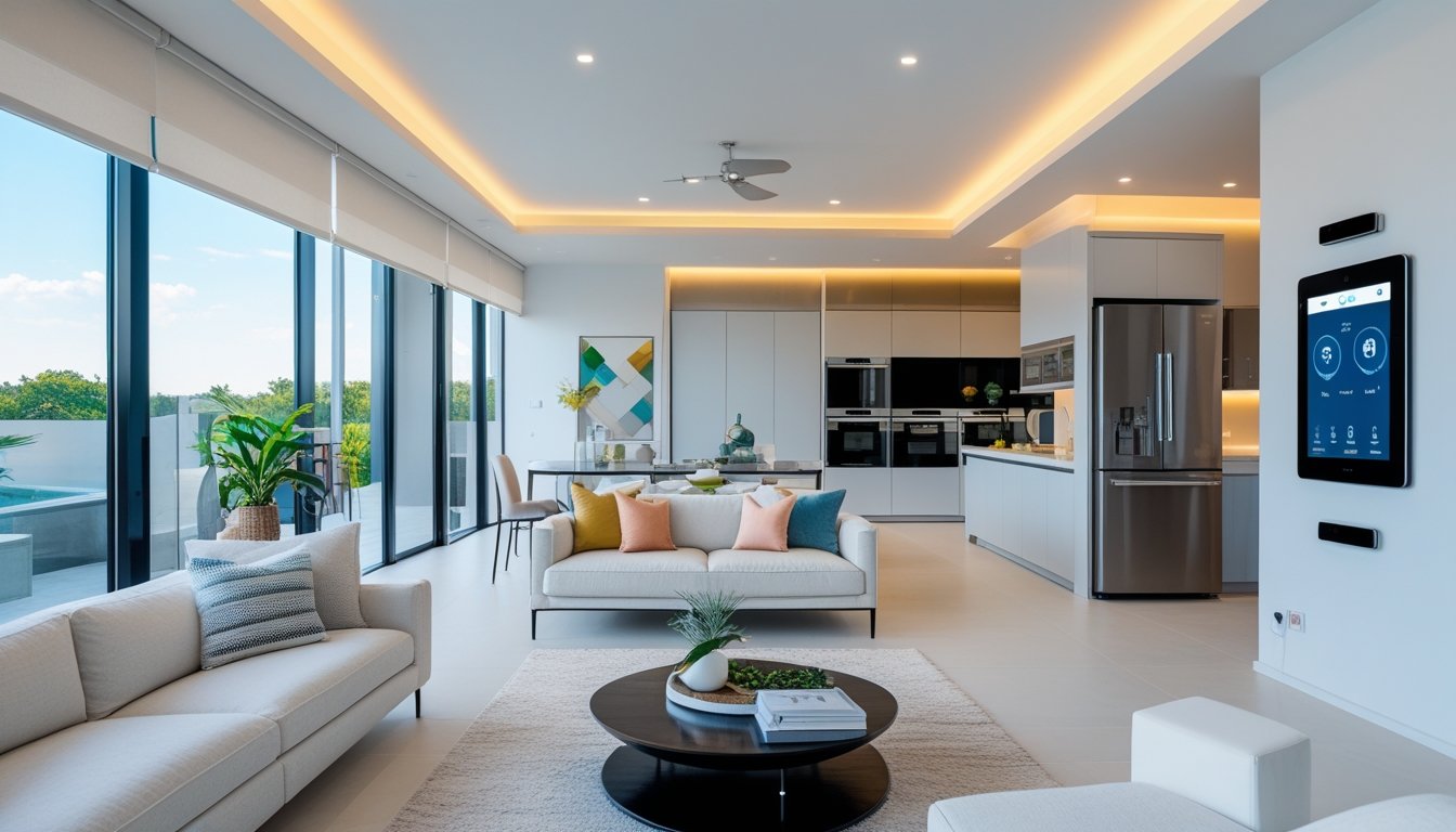 A modern living room and kitchen area with smart home devices and contemporary furniture, filled with natural light.