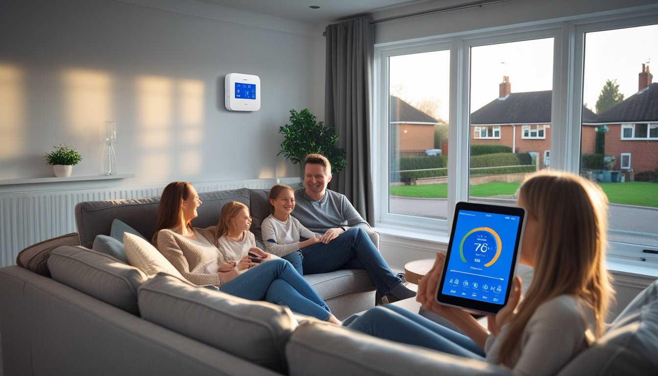 A family relaxing in a modern UK home living room with a smart thermostat on the wall and a tablet showing heating controls.