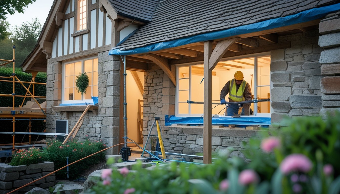 A historic cottage being carefully renovated with craftsmen working on preserving original features while upgrading safety elements.