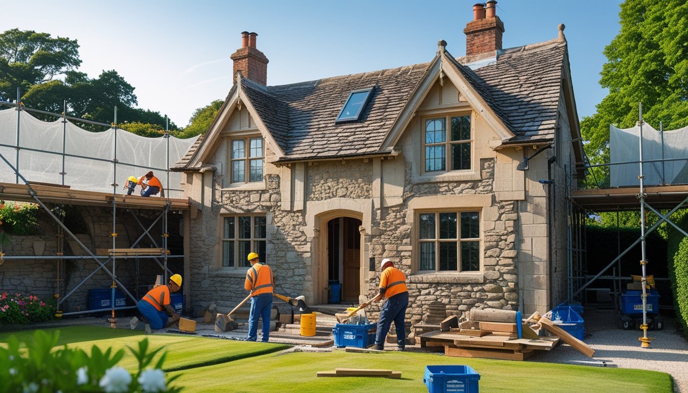 Skilled workers renovating a historic cottage with scaffolding and traditional architectural features in a garden setting.