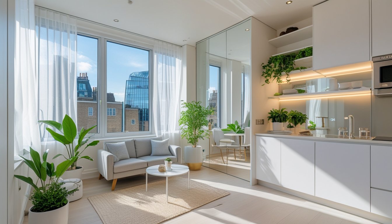 Bright and compact London flat interior with large windows, light walls, modern furniture, and plants, maximising natural light.