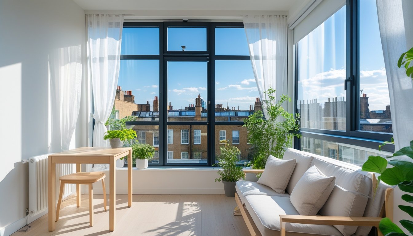 A small London flat interior filled with natural light coming through large windows, showing light furniture, plants, and a view of nearby buildings.