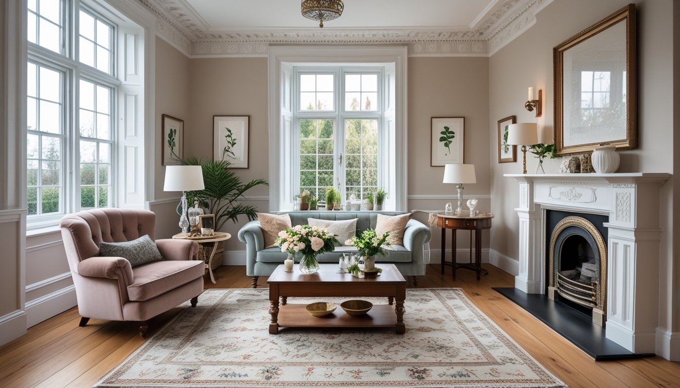 A well-lit living room with classic architectural details, comfortable seating, a fireplace, and tasteful decorative accents creating a warm and inviting atmosphere.
