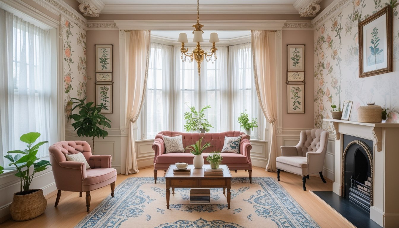 A well-lit Victorian living room with classic architectural details, vintage-inspired wallpaper, a velvet armchair, wooden coffee table, patterned rug, and decorative items around a fireplace.