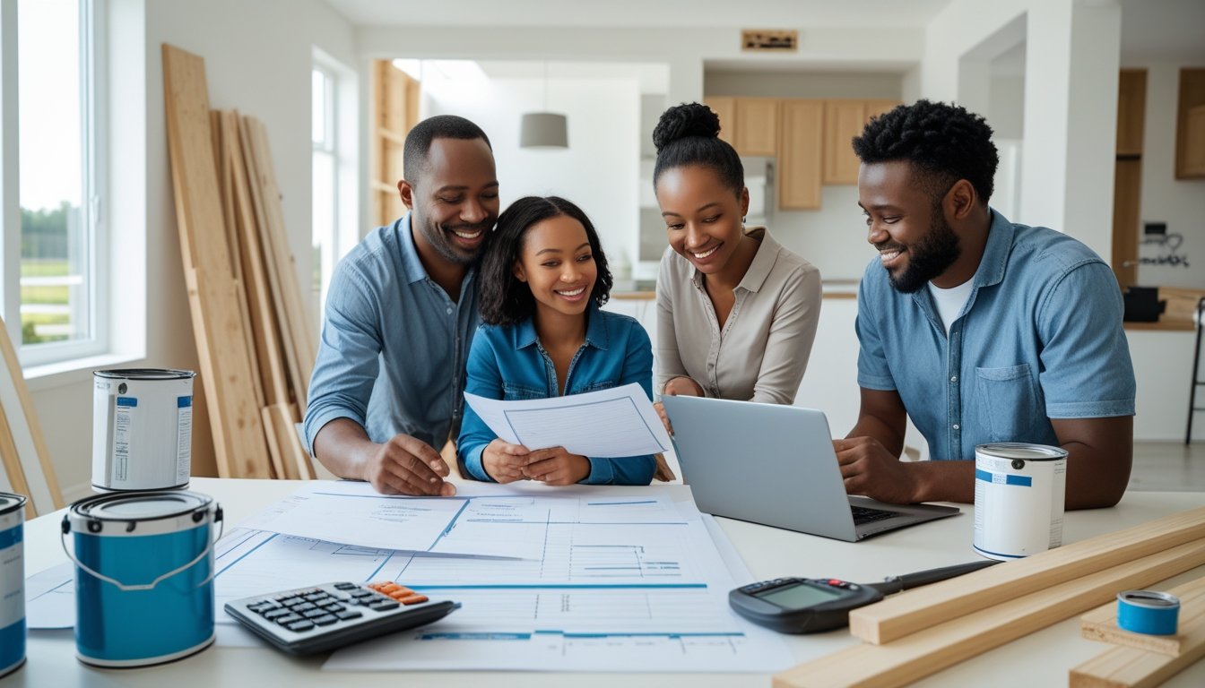 A family discussing home renovation plans around a table with tools and materials nearby in a partially renovated living room.