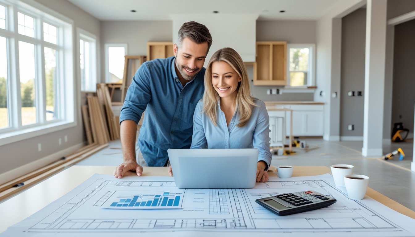A couple reviewing home renovation plans at a kitchen table with a partially renovated room in the background.