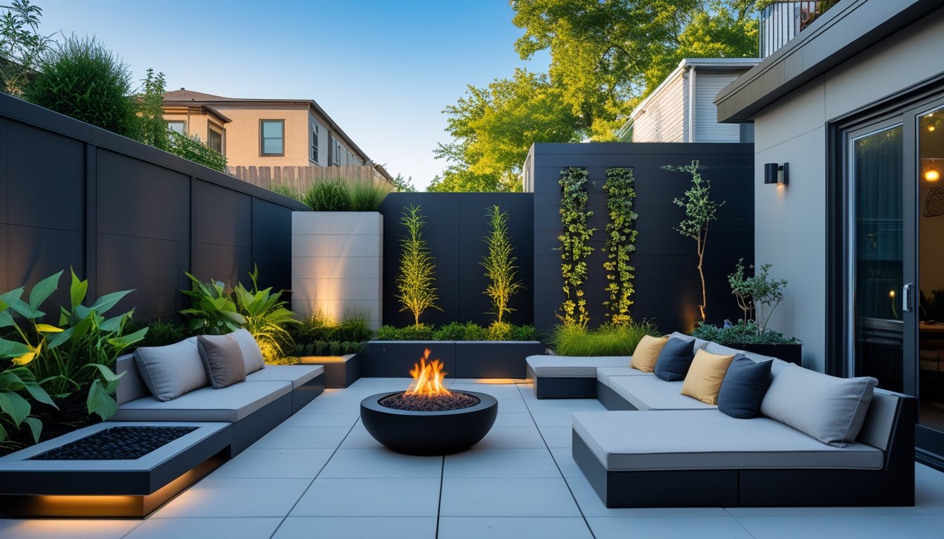 A modern urban backyard with outdoor seating, plants, a fire pit, and a small dining area.