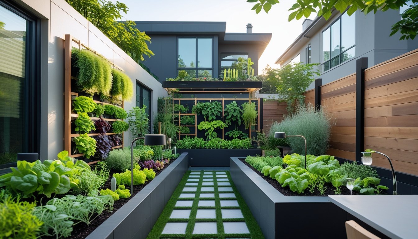 A modern urban backyard garden with vertical plants, raised beds, solar lights, and outdoor furniture surrounded by contemporary homes.