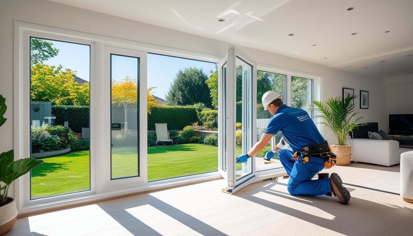 A professional installer fitting large energy-efficient windows in a modern living room with a sunny garden visible outside.