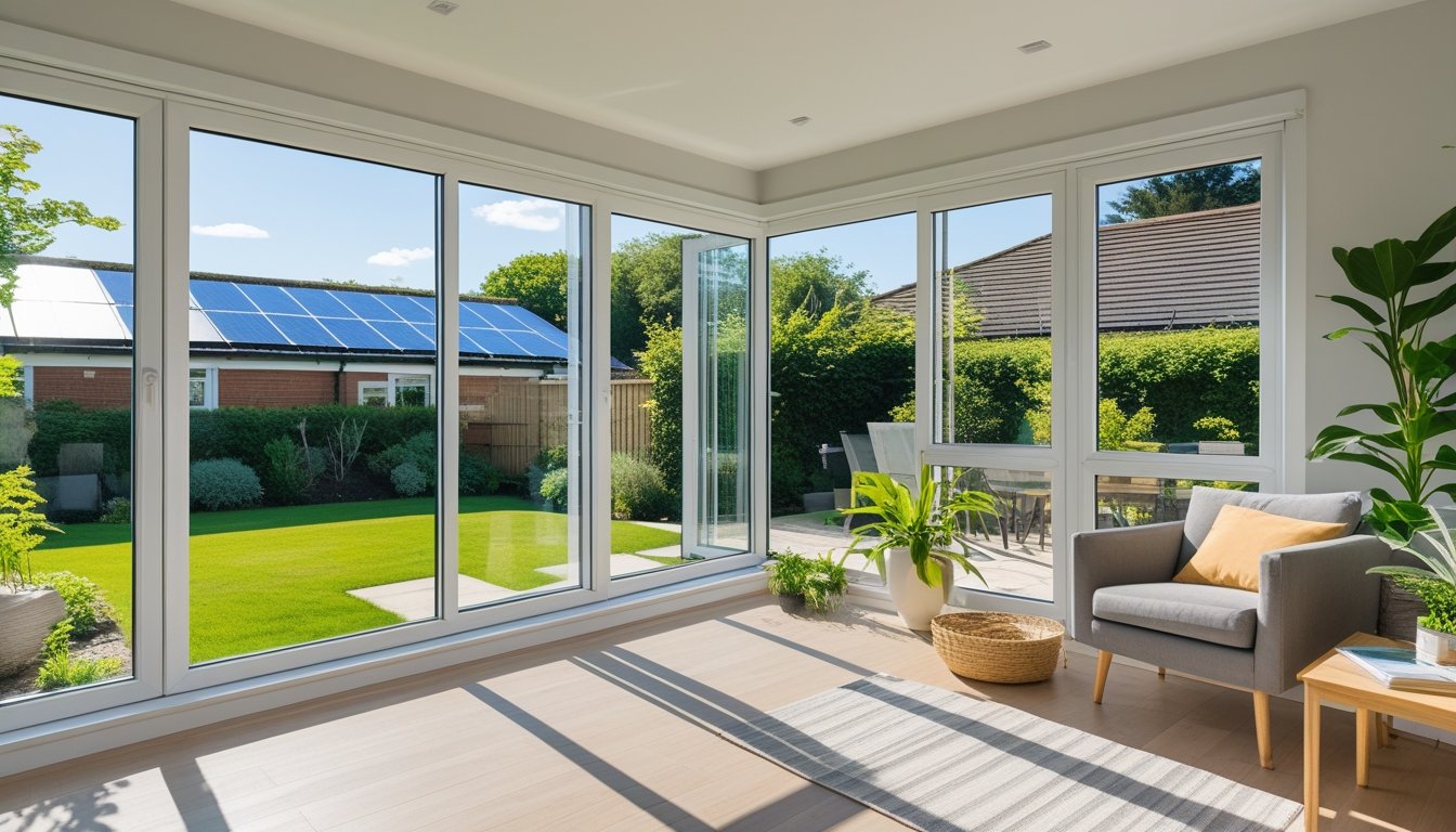 A living room with large energy-efficient windows overlooking a sunny garden with solar panels on the roof.