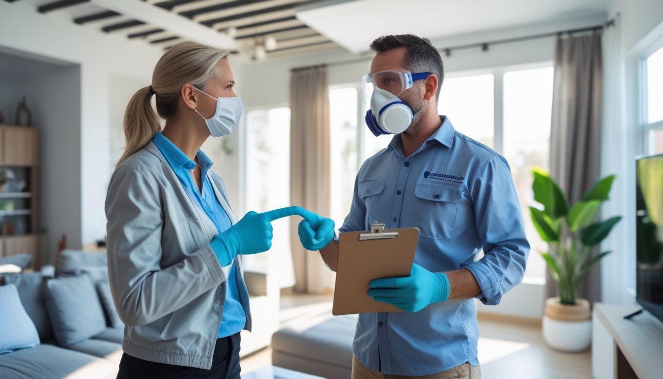 A homeowner talking to a professional asbestos inspector in a bright living room, with the inspector wearing protective gear and holding a clipboard.