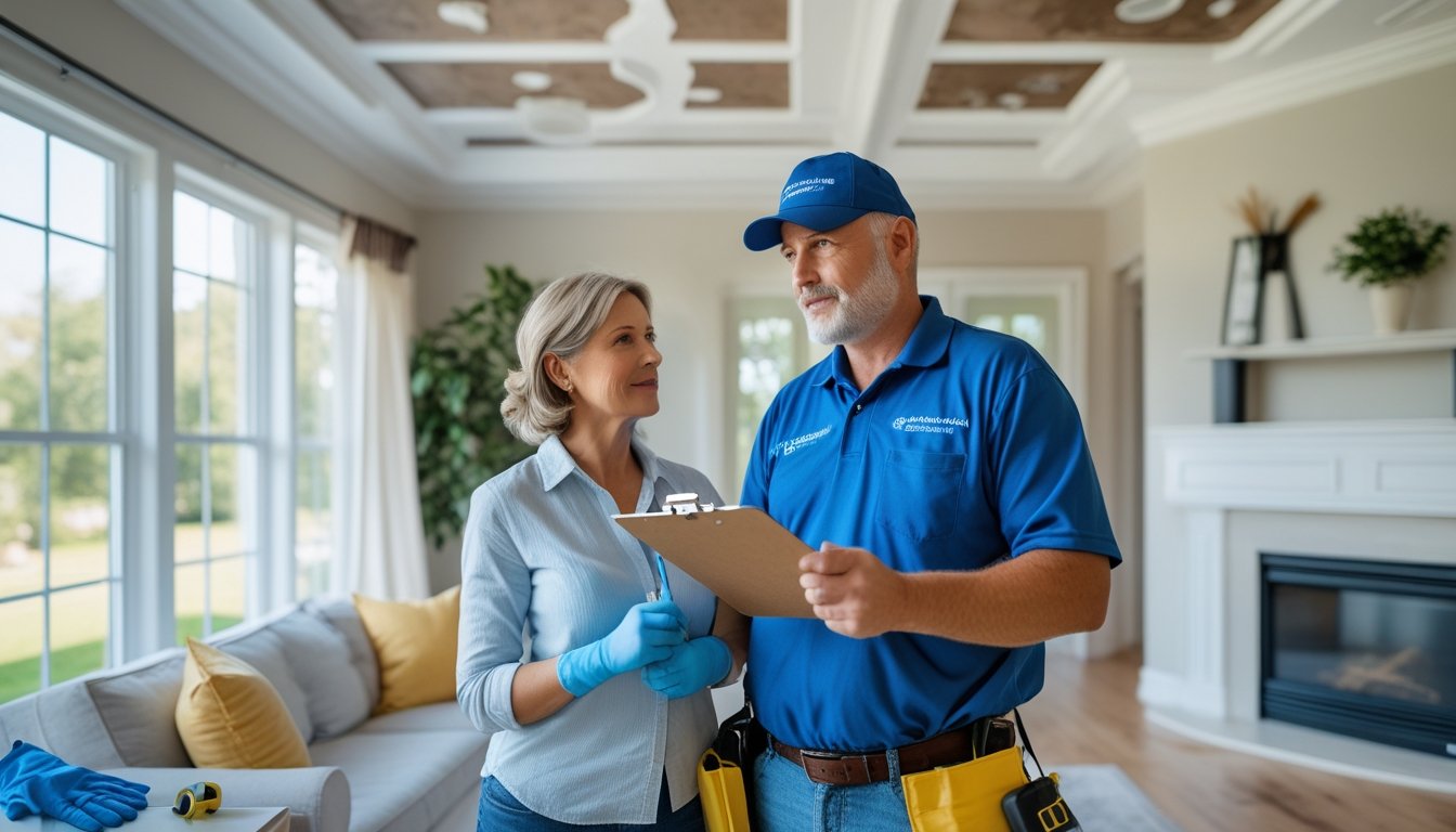 A homeowner and an asbestos expert discussing inspection details inside a bright living room, with safety equipment on a nearby table.