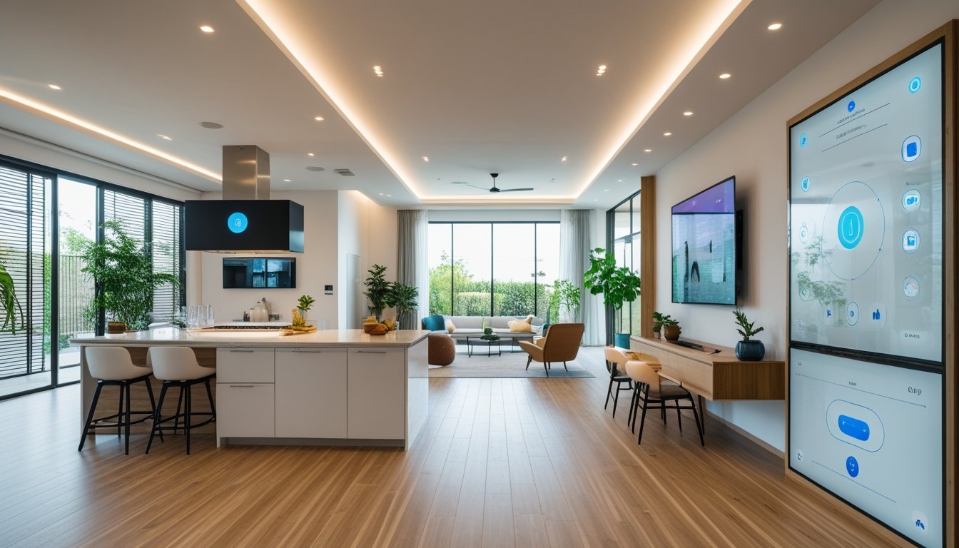 A modern open-plan living room and kitchen with large windows, smart home devices, and indoor plants.