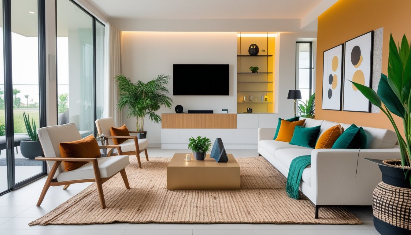 A bright living room with modern furniture, large windows, indoor plants, and smart home features.