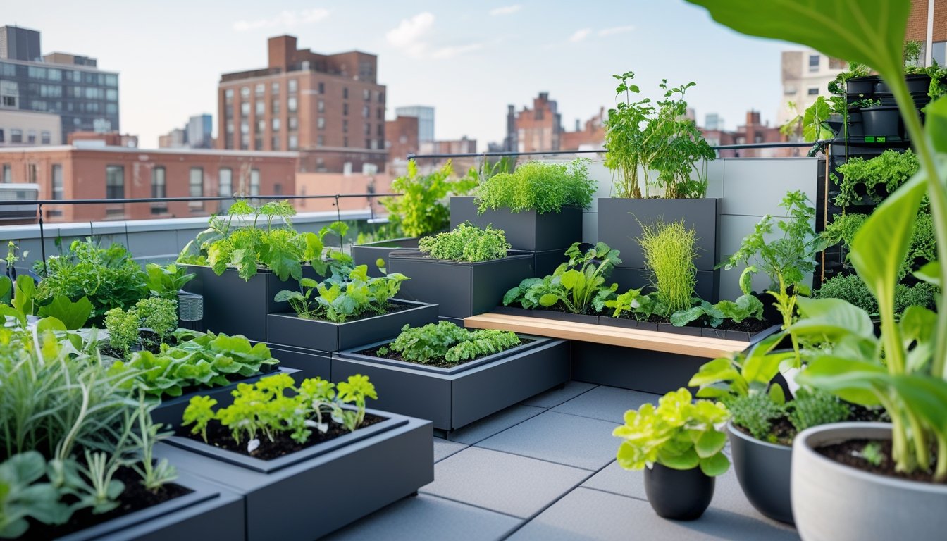 A small urban rooftop garden with vertical planters, raised beds, and various green plants surrounded by city buildings.
