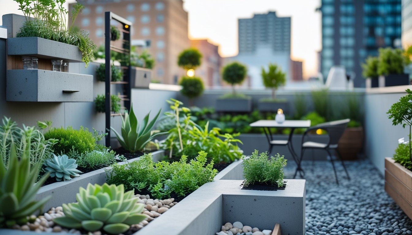 A small urban garden on a balcony with various plants in modern planters, outdoor furniture, and city buildings in the background.