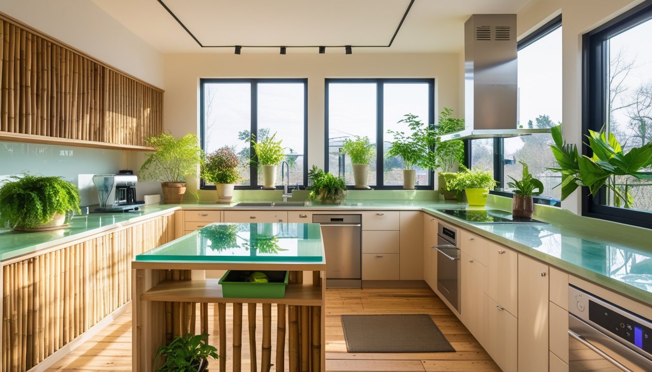 A modern kitchen with natural materials, large windows, plants, and energy-efficient appliances.
