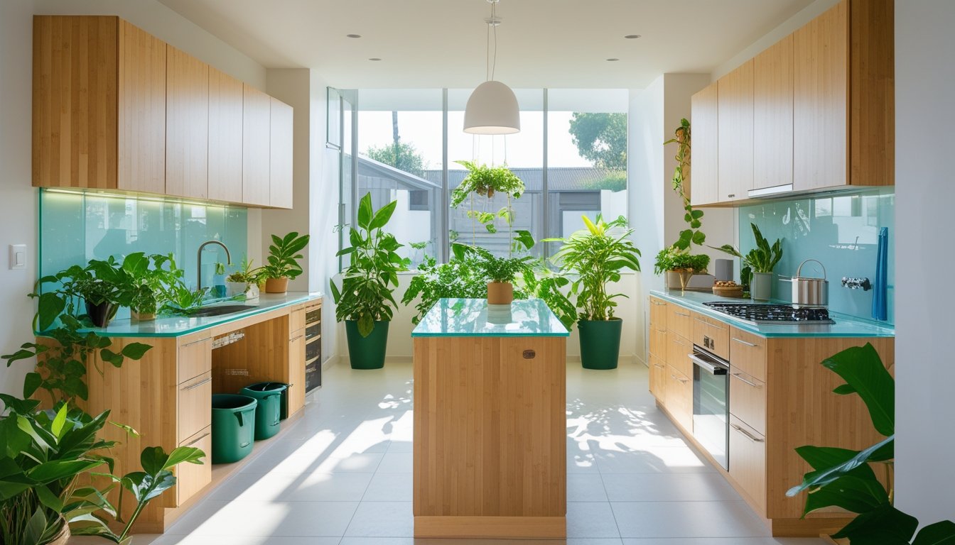 A modern kitchen with bamboo cabinets, recycled glass countertops, indoor plants, and energy-efficient appliances.