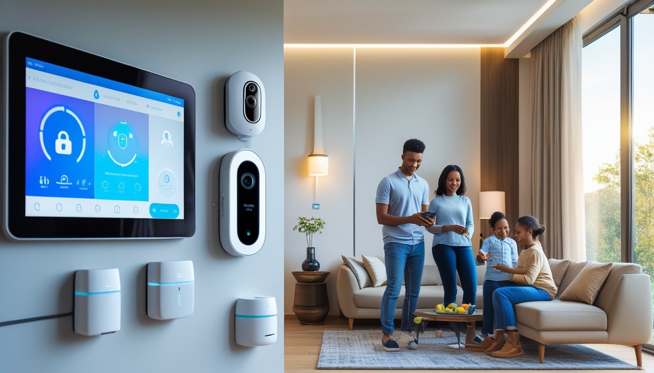A modern living room with smart home safety devices including a touchscreen control panel, security camera, smoke detectors, and a person using a smartphone to monitor the home.