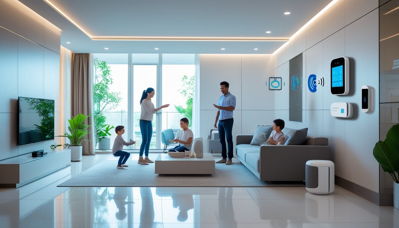 A modern living room with a family using smart home safety devices including a security camera, smoke detector, and control panel.