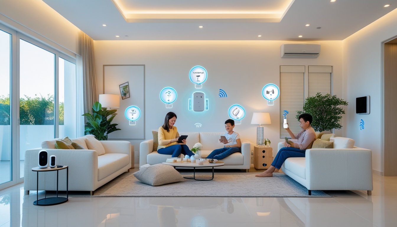 A modern living room with smart home devices and a family using technology, showing a comfortable and connected renovated space.