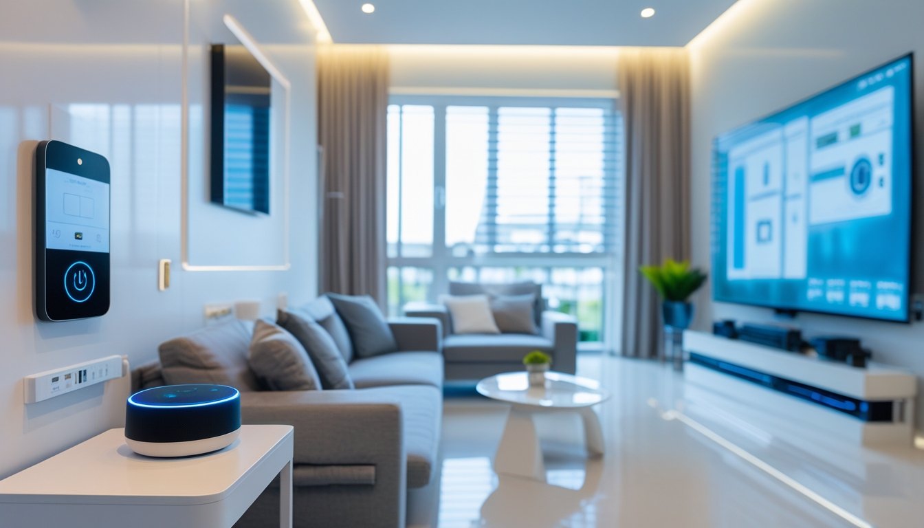 A modern living room with smart home devices including a touchscreen panel, smart lighting, automated blinds, and a smart speaker on a side table.