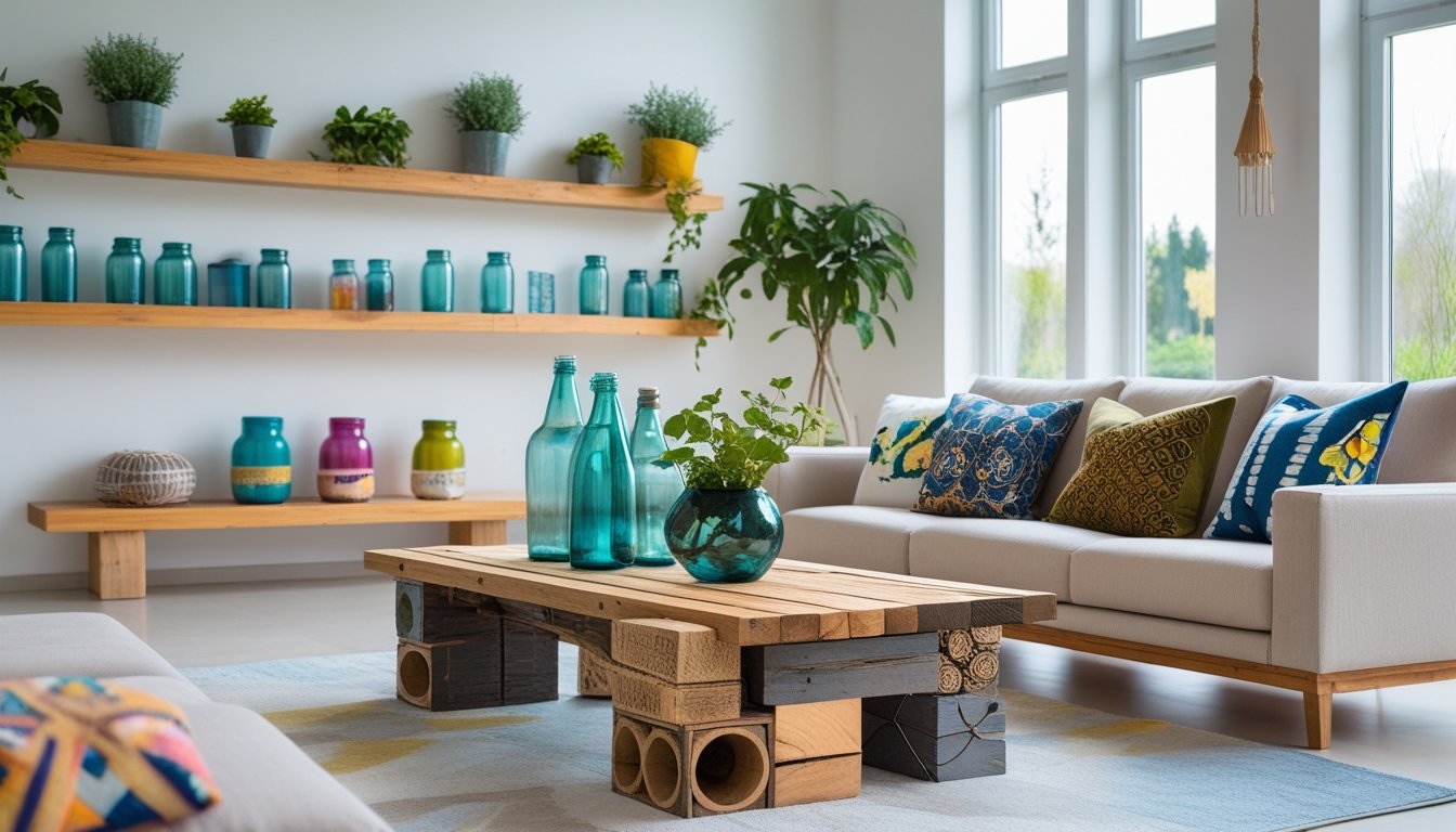 A modern living room featuring various upcycled home décor items like cushions, a wooden coffee table, decorative vases, and plants in reused containers.