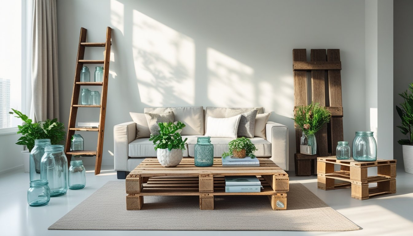 A modern living room with various upcycled home decor items like a wooden ladder bookshelf, glass jar candle holders, and a pallet coffee table with plants and books.